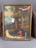 Print of Native man in canoe looking up at a swan.