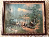 Outdoor scene with tipis and deer