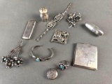 Bag of sterling jewelry including bracelet, vintage compact, hairpin case
