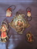 (5) early paper and metal Santa ornaments
