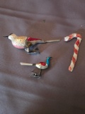 (2) Victorian bird ornaments and a Chenille candy cane