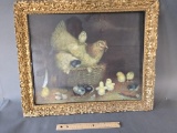 Ornate Gilt framed chromolithograph of a hen and her chicks by Ben Austrian 1900's