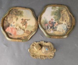 Vintage Italian Centenari Print Set Romantic Baroque Framed and Victorian brass desk set