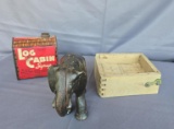 3 pieces, log cabin tin, elephant door stop