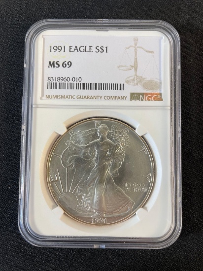 1991 American Silver Eagle coin, graded MS 69 by the Numismatic Guaranty Company