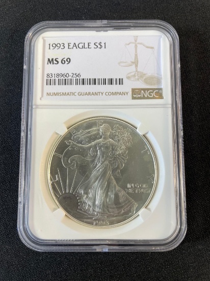 1993 American Silver Eagle $1 coin, graded MS 69 by the Numismatic Guaranty Company