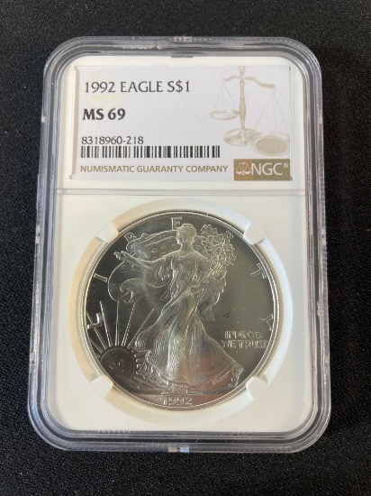 1992 American Silver Eagle coin graded MS 69 by NGC
