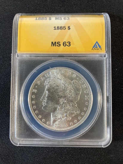 1885 Morgan Silver Dollar graded MS 63 by ANACS