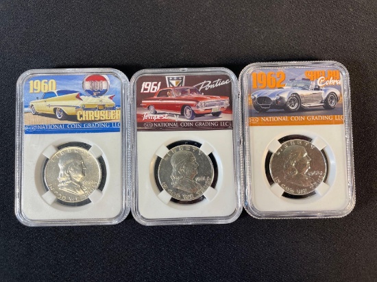 1960, 61 & 62, Franklin Half Dollar coins graded and encapsulated by the National Coin Grading