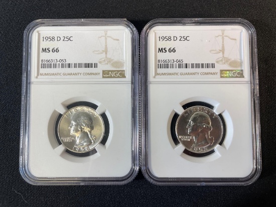 (2) 1958 D 25C MS66 Washington Quarters