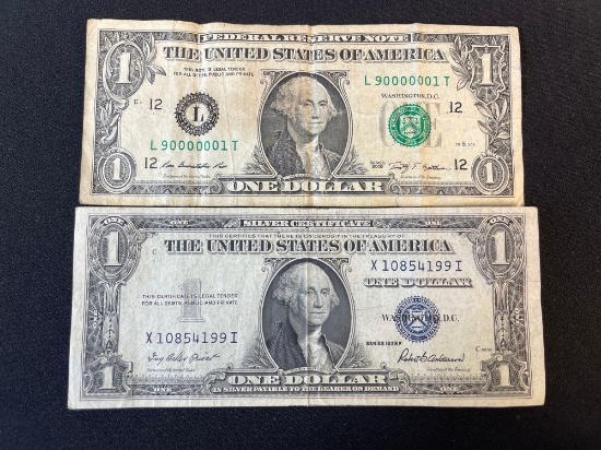 1935-F series one-dollar silver certificate & one-dollar Federal Reserve Note