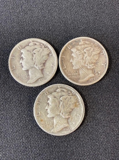1937,1941, 1944 Mercury dimes, also known as Winged Liberty Head dimes