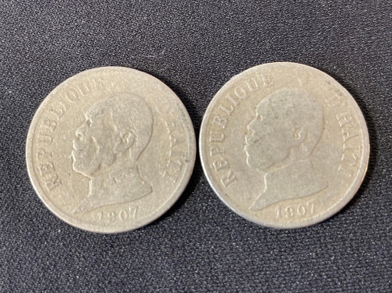 two 5 Centimes coins from Haiti, minted in 1907