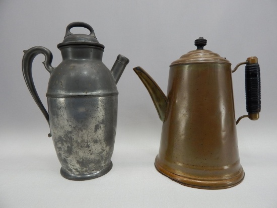 2 COFFEE POTS 1 PEWTER, 1 COPPER 10" T