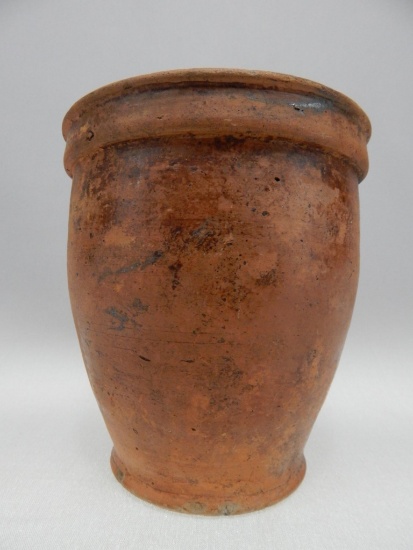 REDWARE CROCK 6 1/2" T & 6" DIAMETER (CHIP & 2" HAIRLINE ON RIM, ALSO 2 HAIRLINES AT BASE)