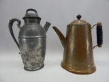 2 COFFEE POTS 1 PEWTER, 1 COPPER 10