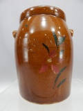 STONEWARE COOKIE JAR W/LID, LUG HANDLES & FLORAL PAINTING