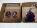 AMETHYST EARRINGS & NATURAL AMETHYST PENDANT IN STERLING