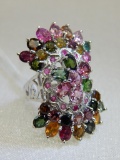 MULTI-COLOR TOURMALINE & RUBIES RING IN STERLING