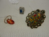 3 STERLING SILVER RINGS (JASPER, BLUE AZURITE, BI-COLORED QUARTZ)