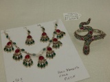 STERLING SILVER NECKLACE, EARRINGS, & BRACELET W/RUBIES, EMERALDS, & SAPPHIRES