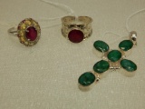 STERLING SILVER RINGS & PENDANT (RUBIES & EMERALDS)