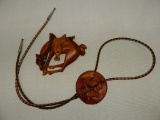 MADE FROM IMPERIAL HORSES BOWL BOLO TIE & HAND CARVED PIN