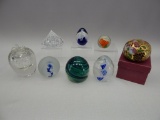 BL OF 7 GLASS PAPERWEIGHTS & 1 ENAMELLED PAPERWEIGHT