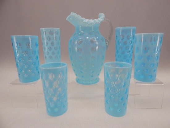 BLUE OPALESCENT COINDOT WATER SET 7 PC