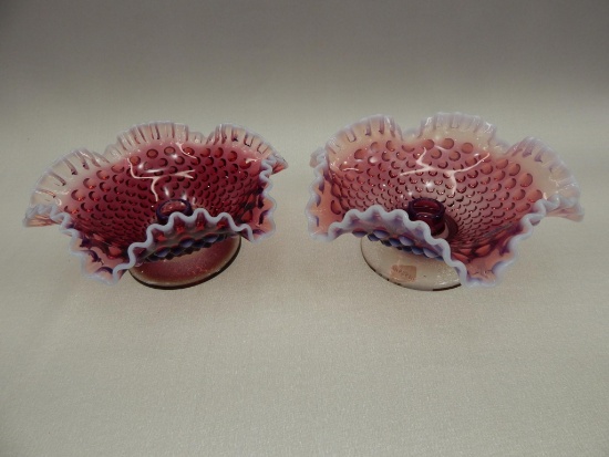 8" PAIR OF PLUM OPAL HOBNAIL CANDLE BOWLS