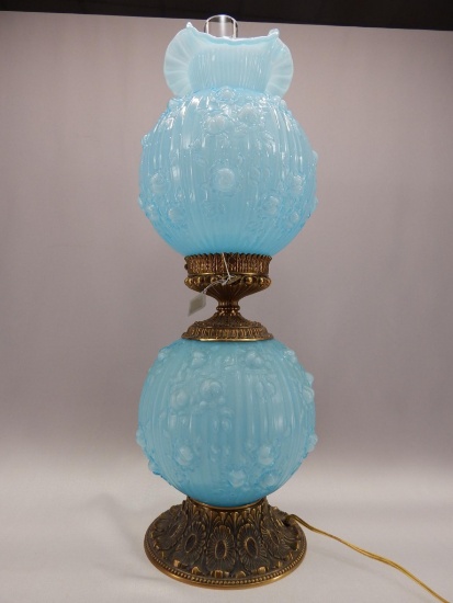 28" BLUE OVERLAY EMBOSSED ROSE GWTW LAMP