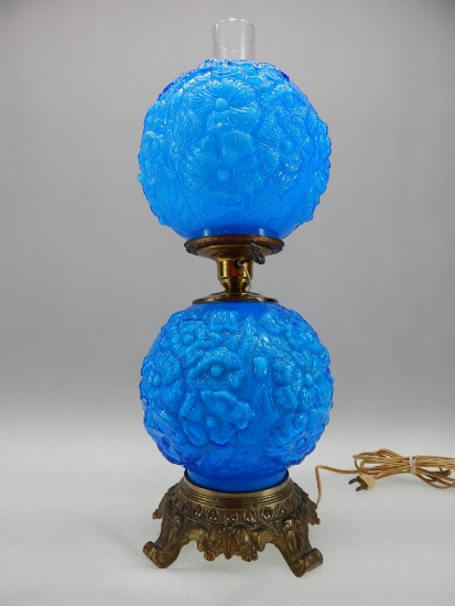 20" COLONIAL BLUE OVERLAY POPPIES DOUBLE BALL LAMP (1960 SAMPLE?)