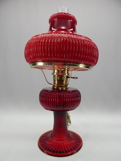 21" FENTON FOR ALADDIN RUBY OVERLAY ELECTRIFIED OIL LAMP