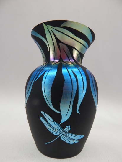 7" FAVRENE DRAGONFLY SANDCARVED VASE KELSEY #426/950