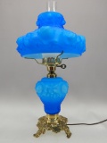 L.G. WRIGHT BLUE OVERLAY EMBOSSED ROSES STUDENT LAMP 19