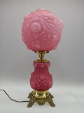 L.G. WRIGHT ROSE OVERLAY EMBOSSED ROSES PARLOR LAMP 24