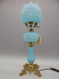 L.G. WRIGHT BLUE OVERLAY EMBOSSED ROSES SATIN TABLE LAMP