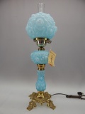 L.G. WRIGHT BLUE OVERLAY EMBOSSED ROSES GLOSSY TABLE LAMP