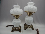 PAIR OF MILK GLASS EMBOSSED FLOWER TABLE LAMPS