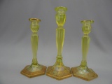 GROUP OF 3 TOPAZ IRIDIZED CANDLESTICKS W/GOLD DECORATION