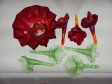 8 STRETCH EPERGNE PARTS INCLUDING RUBY BASE, 3 RUBY HORNS, & 4 FLORENTINE GREEN HORNS