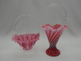 2 CRANBERRY OPAL BASKETS ONE SPIRAL OPTIC, ONE RIB OPTIC