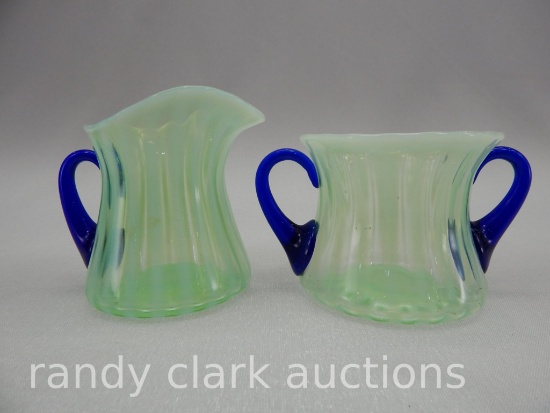 TOPAZ RIB OPTIC CREAM & SUGAR W/COBALT HANDLES