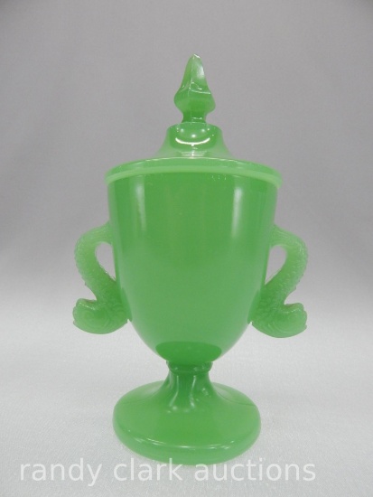 9" JADE COVERED CANDY DISH W/DOLPHIN HANDLES