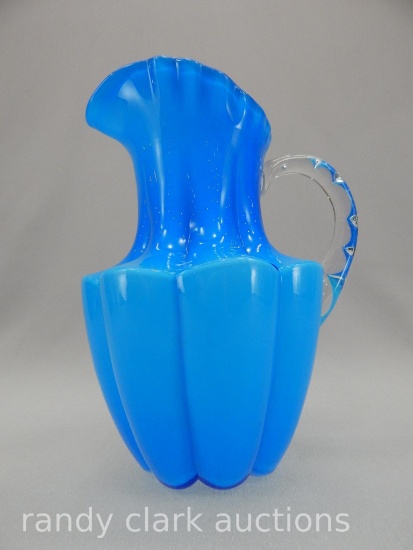 1960'S BLUE OVERLAY 10 1/2" WATER PITCHER W/MUSEUM NUMBER