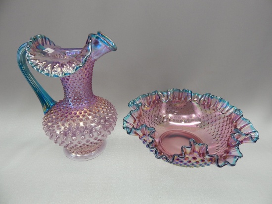 FENTON IRIDIZED HOBNAIL BOWL AND PITCHER SET 11"