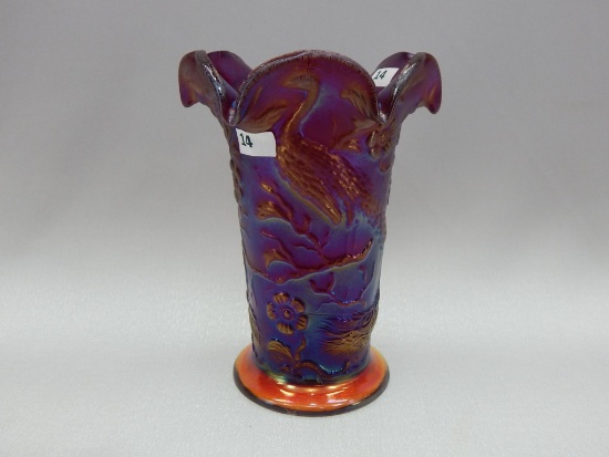 7 1/2" RED IRIDIZED PEACOCK VASE FENTON