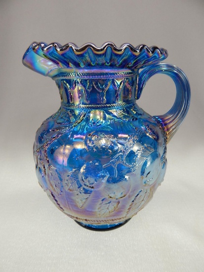BLUE IRIDIZED APPLE PATTERN WATER PITCHER 9" SIGNED GEORGE FENTON
