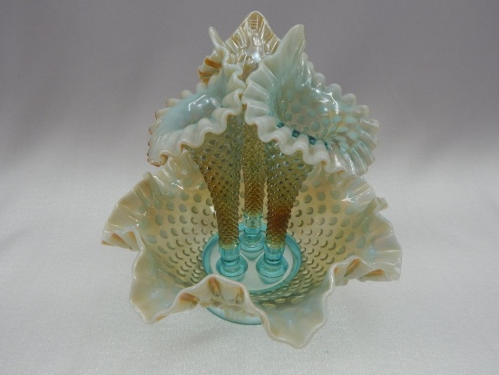 FENTON AQUL OPAL HOBNAIL 3 HORN EPERGNE 9 1/2"