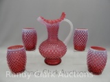 CRANBERRY OPAL HOBNAIL 5 PC WATER SET